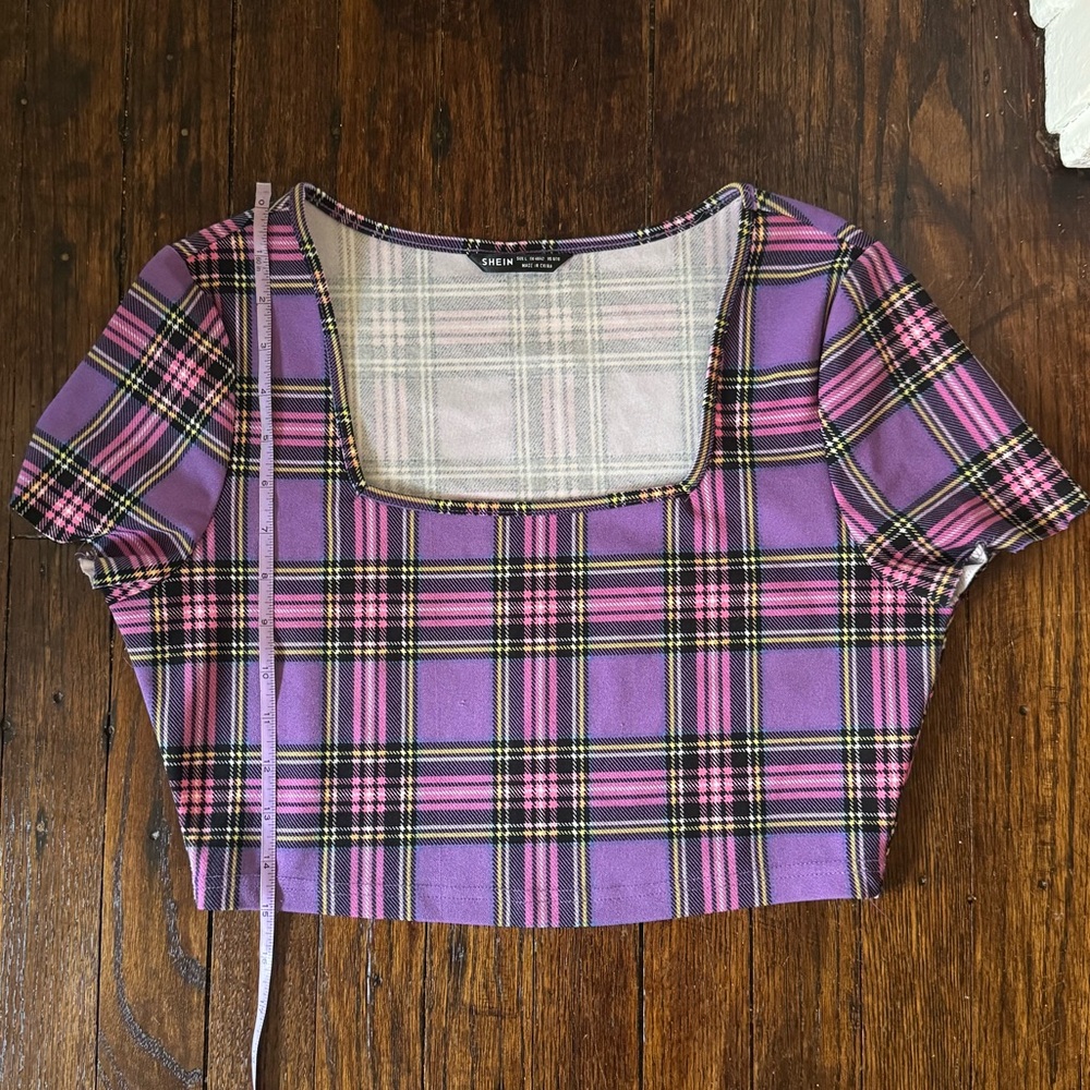 SHEIN purple plaid short sleeve crop top LARGE
